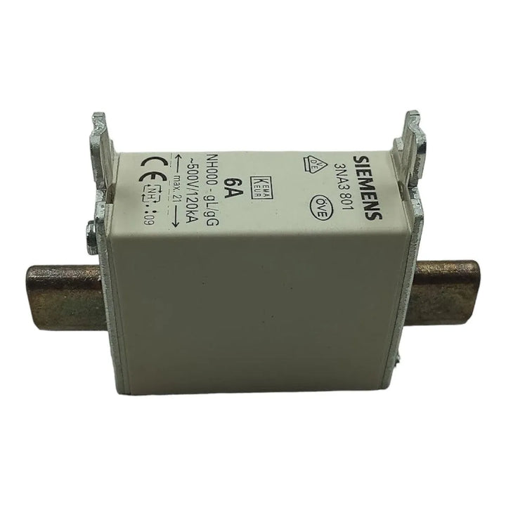 Fusivel NH000 Siemens 3NA3 801 6A 500V 120KA MAX21 - Cabo Eletro