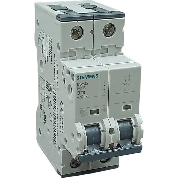 Disjuntor Bipolar Siemens 5SY4220-6 Curva B 20A 400v 10kA - Cabo Eletro