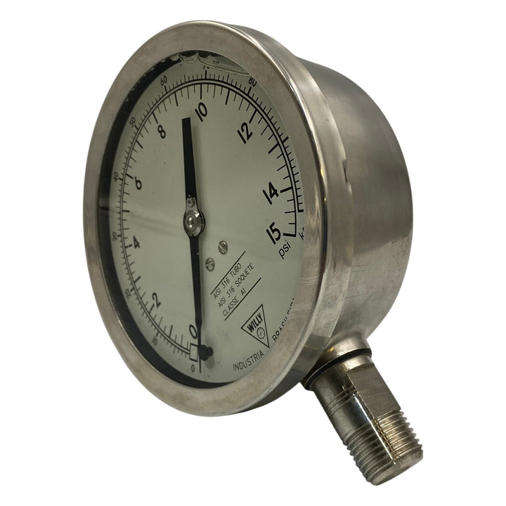 Manômetro Willy 112mm 0 a 15psi x 0 a 100kPa 1/2NPT - Cabo Eletro
