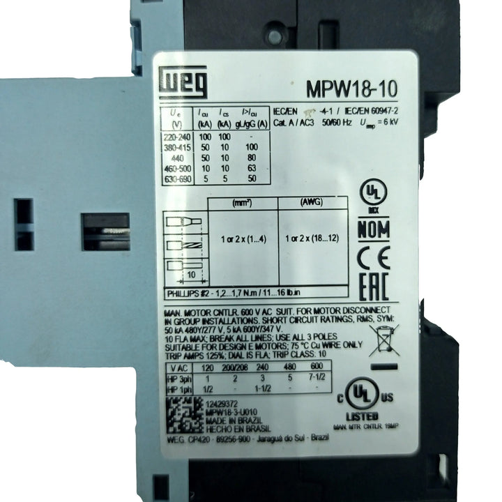 Disjuntor Motor WEG de 6,3 a 10A MPW18-10 - Cabo Eletro