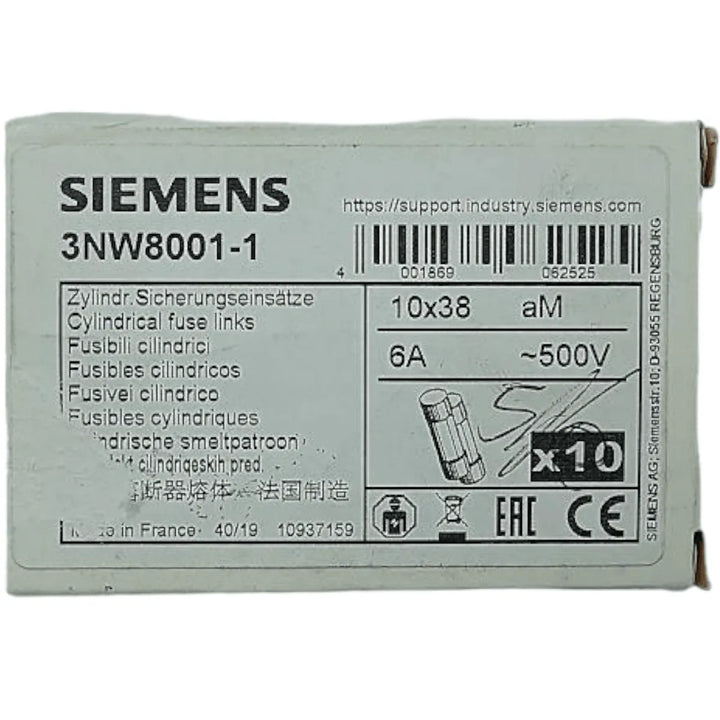 Fusivel Cilindrico SIEMENS 3nw8001 1 6A 500V - Cabo Eletro