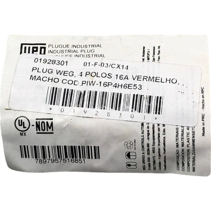 PLUG WEG , 4 POLOS 16A VERMELHO , MACHO COD . PIW-16P4H6E53 - Cabo Eletro