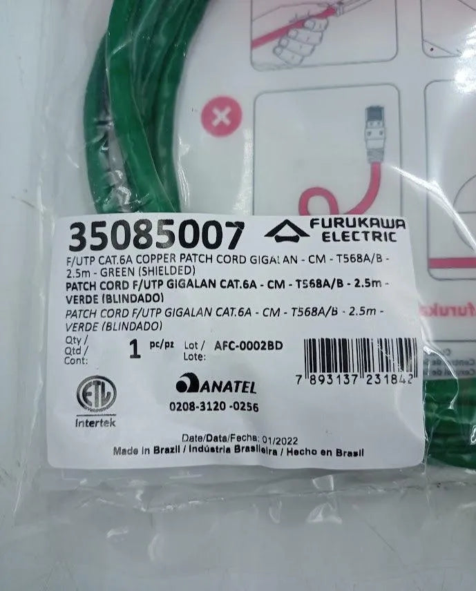 Cabo de Rede Furukawa Blindado Cat6A Gigalan Verde 2,5m - Cabo Eletro