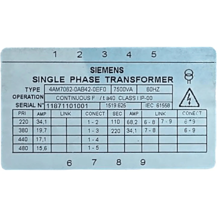 Transformador Monofasico Siemens 4AM7062 0AB42 0EF0 1000VA - Cabo Eletro