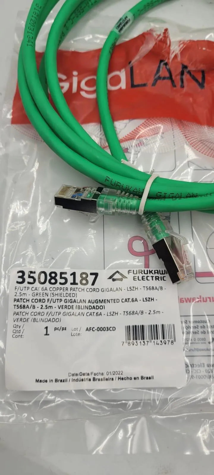 Cabo de Rede Furukawa Patch Cord Cat6A Gigalan Verde 2,5m - Cabo Eletro