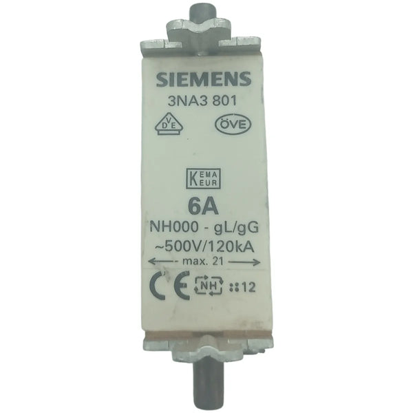 Fusível Retardado Siemens 3NA3 801 500V 6A (KIT 5 PEÇAS) - Cabo Eletro