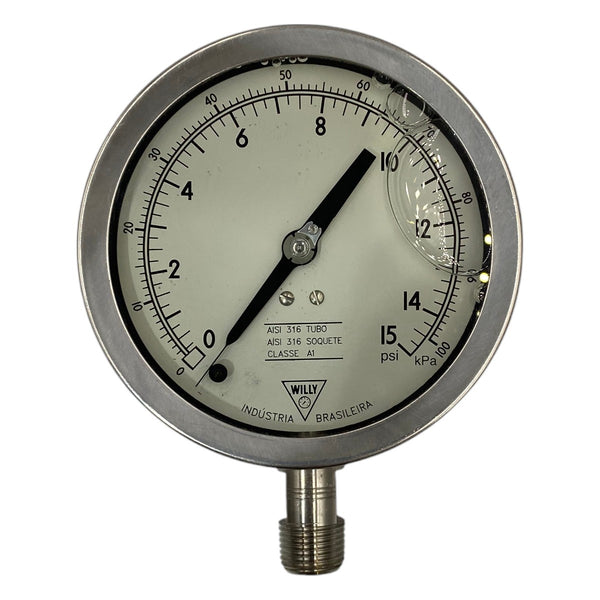 Manômetro Willy 112mm 0 a 15psi x 0 a 100kPa 1/2NPT - Cabo Eletro