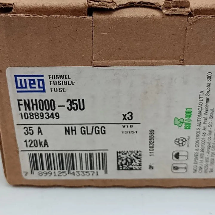 Fusível Retardado NH000 WEG FNH000-35U 500v 120kA KIT 3 - Cabo Eletro