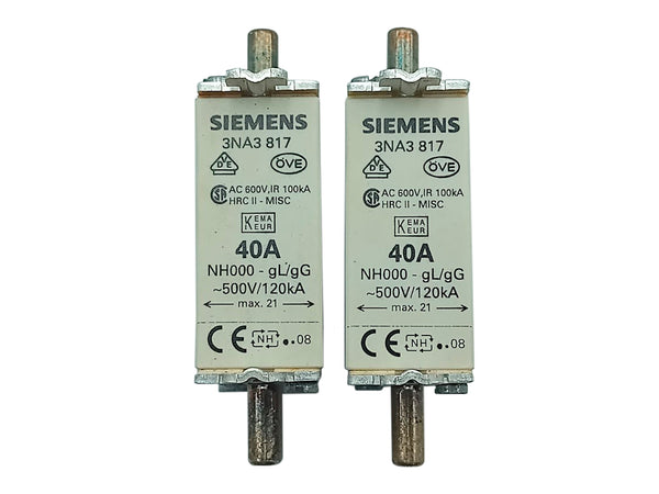 Fusível Siemens 3NA3 817 40A 500V 120kA NH000 (KIT 2 PEÇAS)