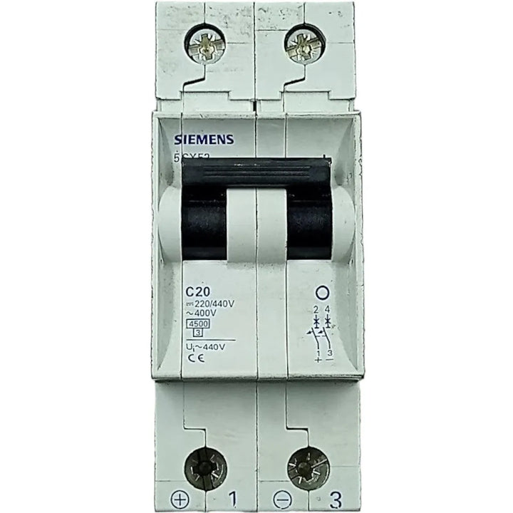 Disjuntor Bipolar Siemens 5SX52 Curva C 20A 400v 4,5kA - Cabo Eletro