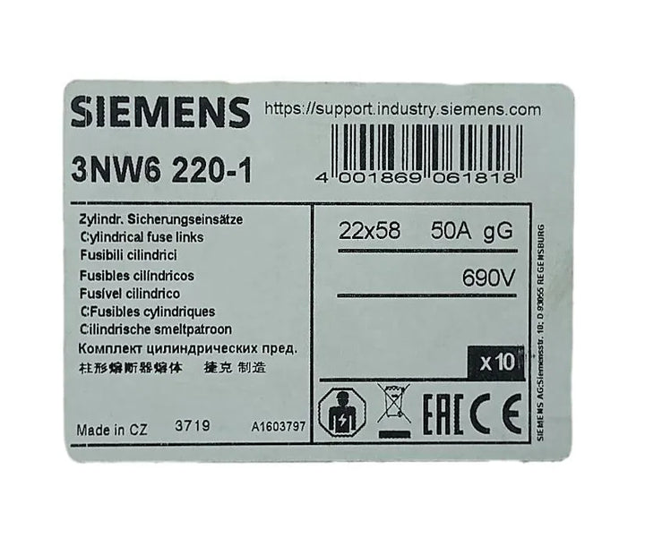 Fusivel Cilindrico SIEMENS 3nw6 220-1 690V 50A - Cabo Eletro