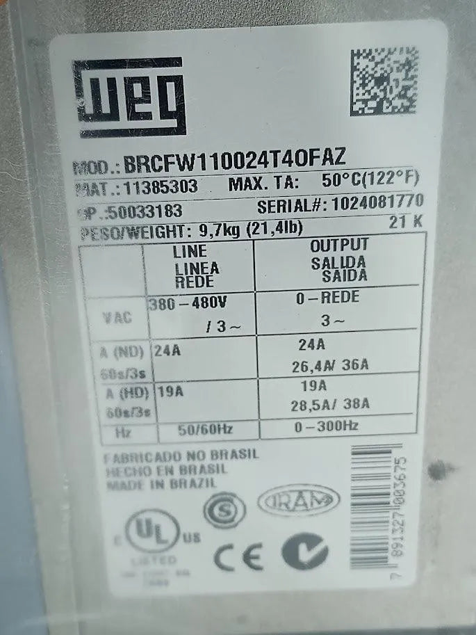 Inversor de Frequência Weg CFW110024T40FAZ 380-480V 24A - Cabo Eletro