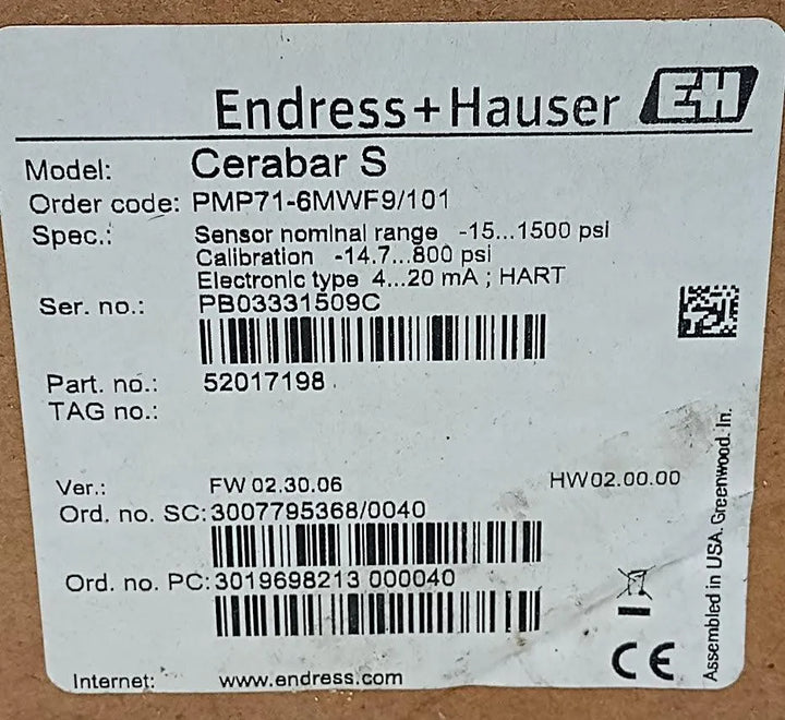 Transmissor de Pressão Endress Hauser PMP71-6MWF9/101 - Cabo Eletro