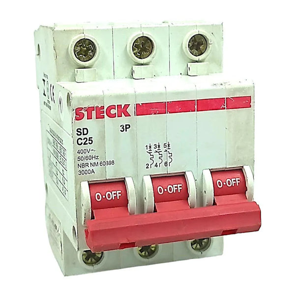 Disjuntor Tripolar Steck SDC25 Curva C 25A 400v 3kA 3P - Cabo Eletro