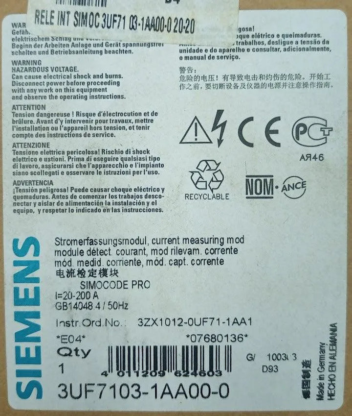 Módulo Medição de Corrente Siemens 3UF7103-1AA00-0 20-200A - Cabo Eletro