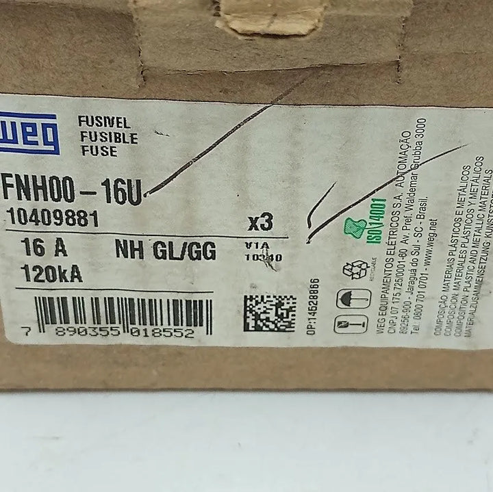 Fusível Retardado Weg Nh00 FNH00-16U 16A 500v - Cabo Eletro