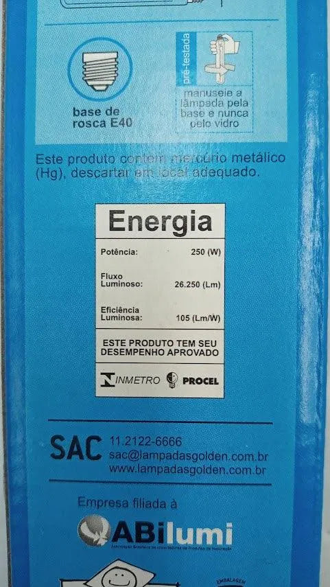 Lâmpada Tubular Vapor Sódio Golden 250W 2000K E40 - Cabo Eletro