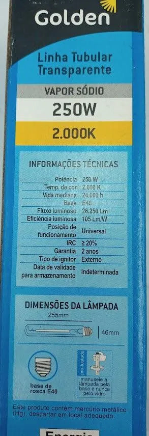 Lâmpada Tubular Vapor Sódio Golden 250W 2000K E40 - Cabo Eletro